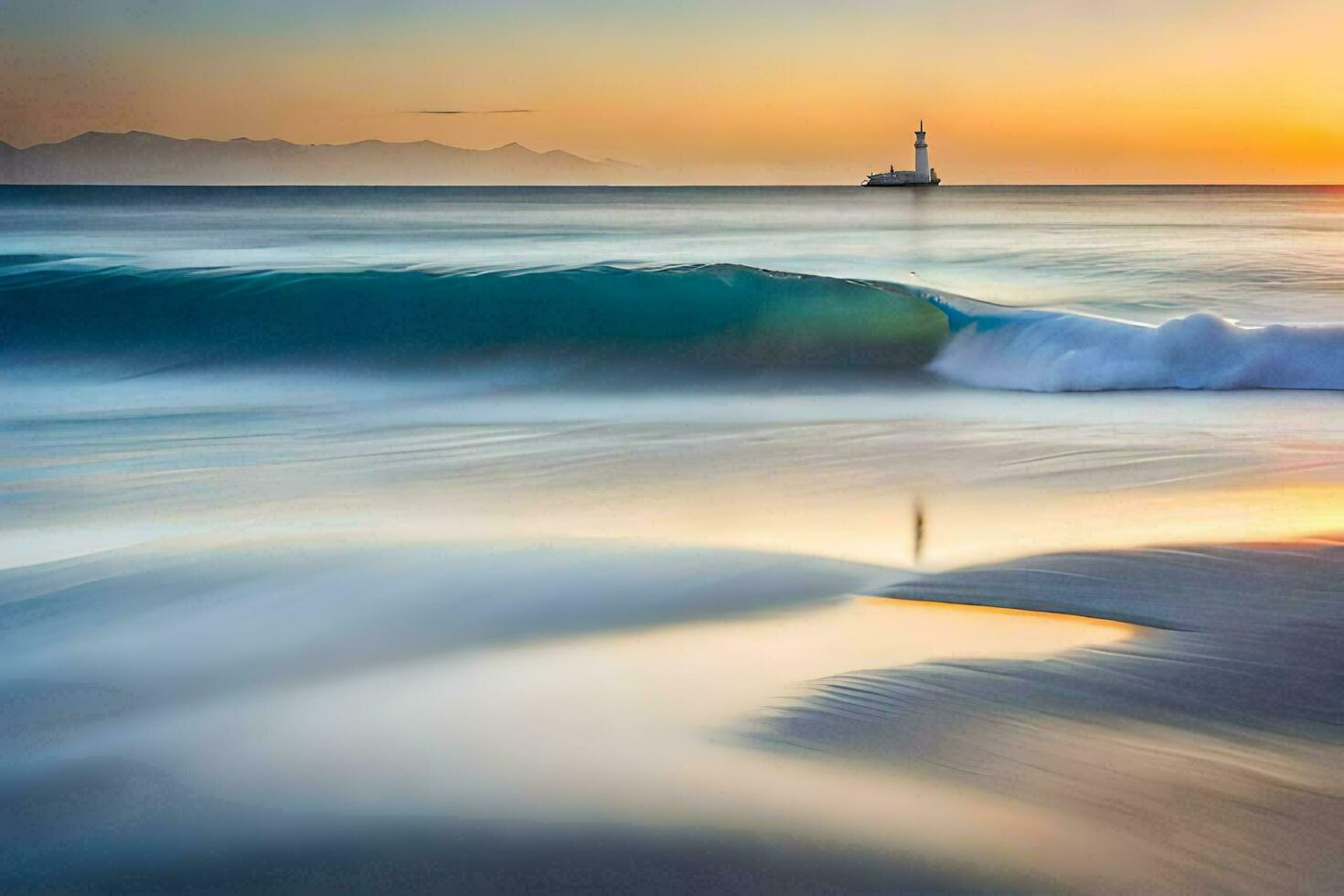 une phare dans le distance à le coucher du soleil. généré par ai photo