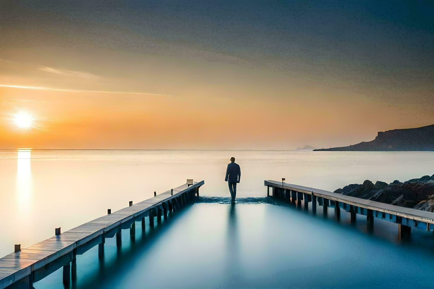 une homme permanent sur une jetée à le coucher du soleil. généré par ai photo