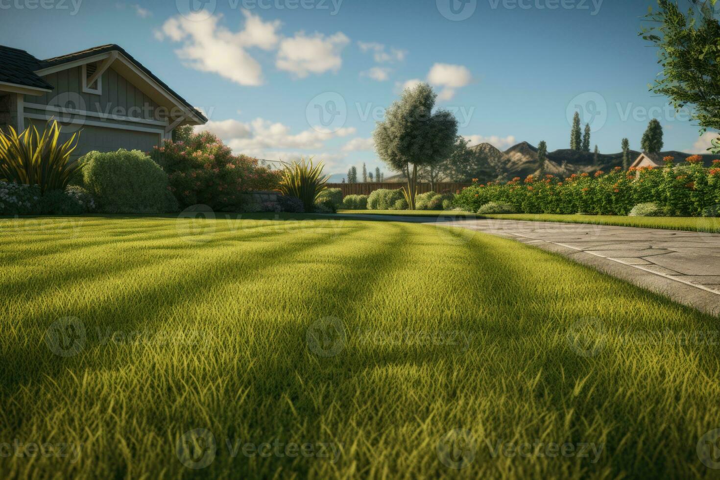 vert fauché pelouse sur le Contexte de le maison. généré par ai photo