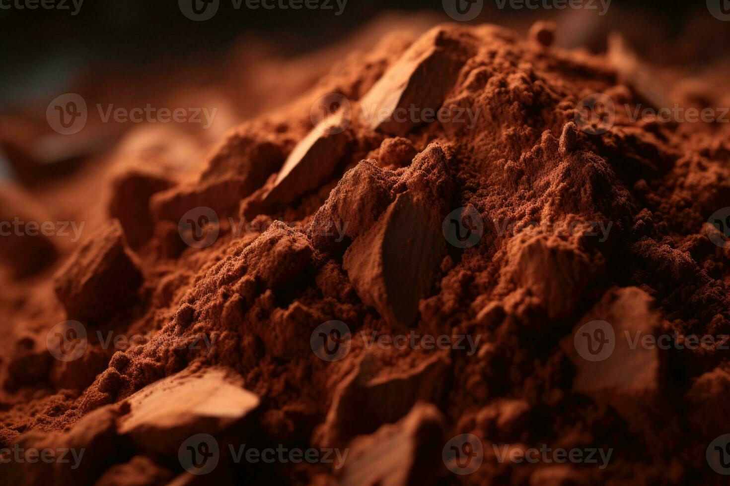 fermer de cacao poudre, direction de lumière, Montagne de Chocolat poudre. généré par ai photo