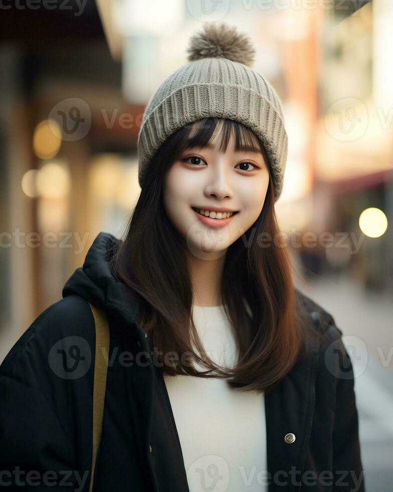 une de bonne humeur coréen fille portant sweat à capuche et tricoter chapeau ai génératif photo