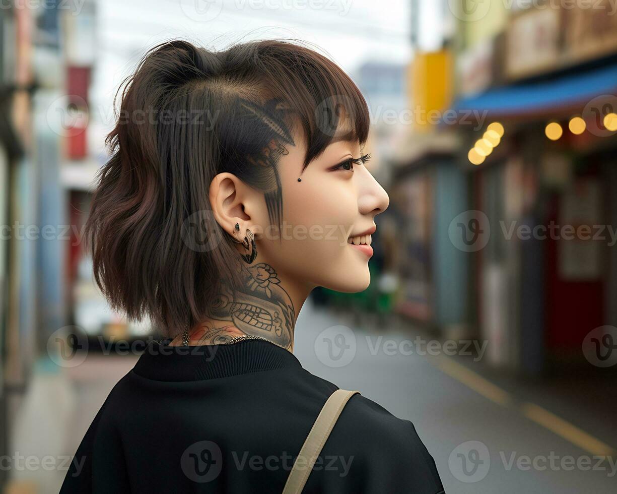 de bonne humeur coréen fille avec tatouage souriant à caméra ai génératif photo