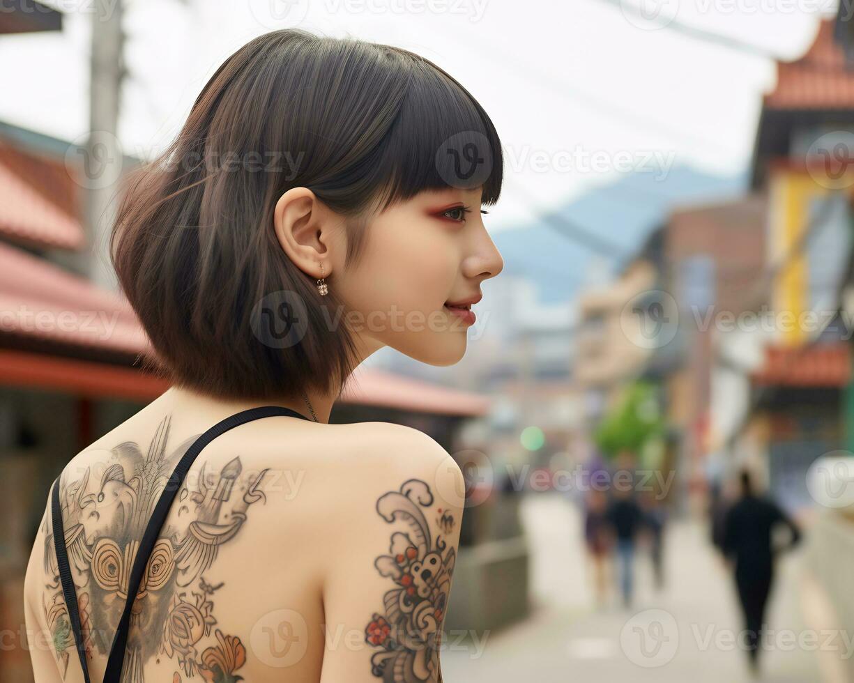 de bonne humeur coréen fille avec tatouage souriant à caméra ai génératif photo