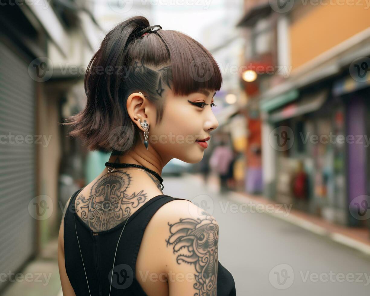 de bonne humeur coréen fille avec tatouage souriant à caméra ai génératif photo