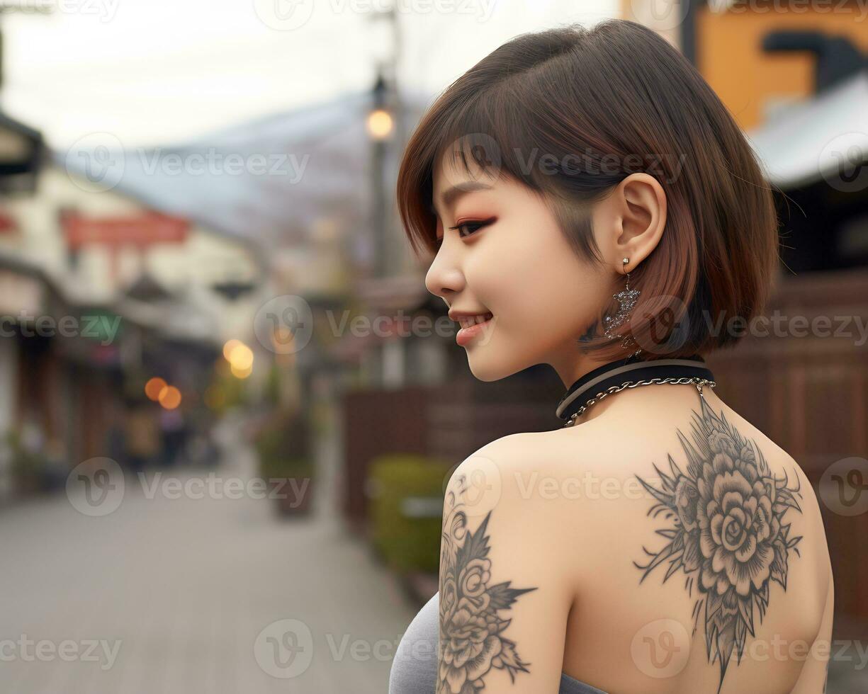 de bonne humeur coréen fille avec tatouage souriant à caméra ai génératif photo