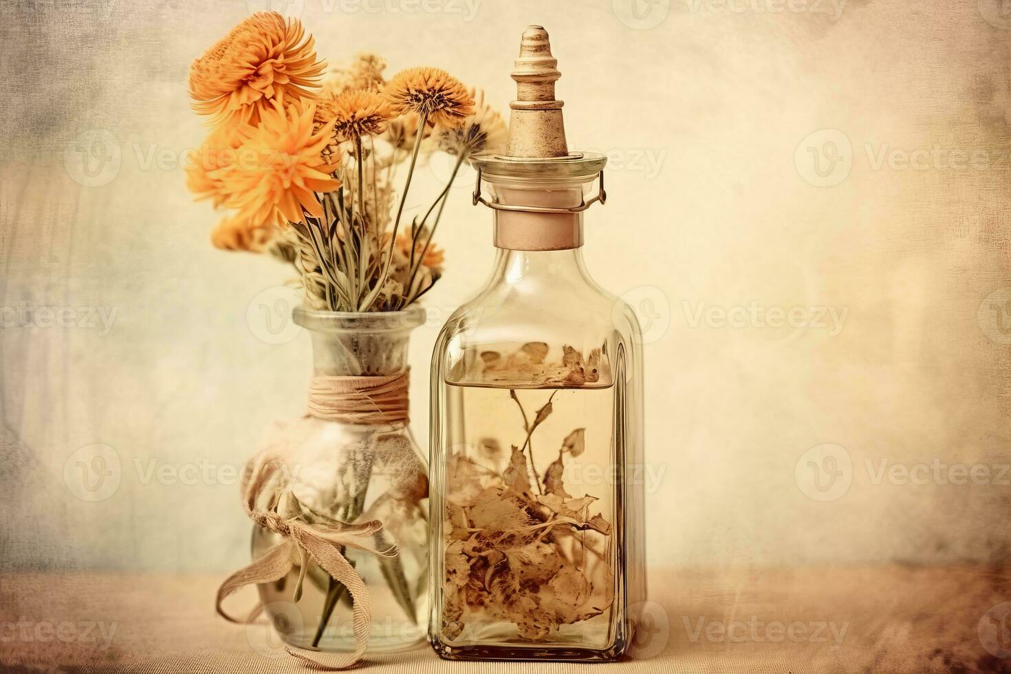 Célibataire séché fleur dans une ancien bouteille , avec une doux, délavé filtre cette ajoute une sens de nostalgie et romance. génératif ai photo