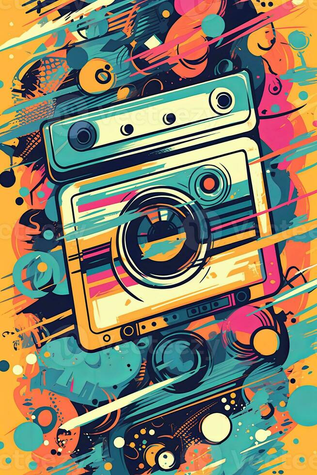 une d'inspiration rétro affiche vecteur illustration de une cassette ruban avec coloré abstrait formes et motifs, symbolisant le la musique de le années 80. génératif ai photo