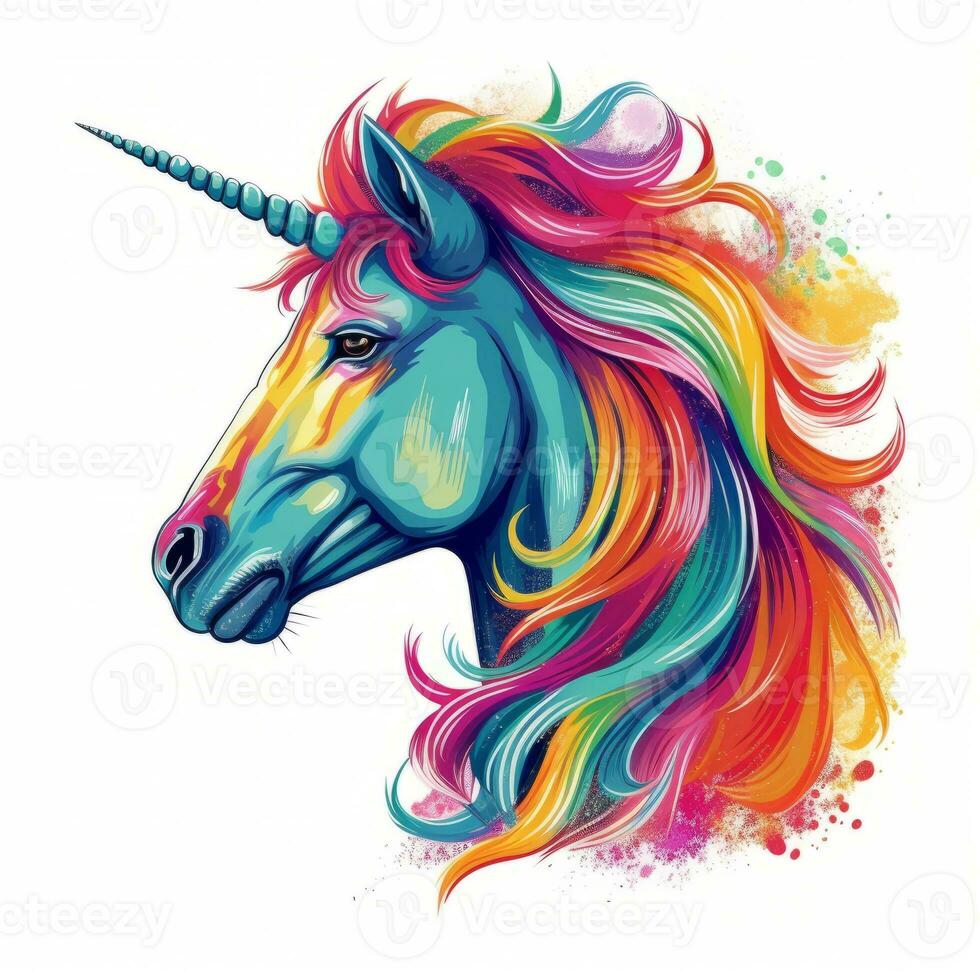 un vecteur illustration de une mythique Licorne, avec une arc-en-ciel crinière et corne, contre une blanc Contexte. imprimable conception pour tatouage, mur art, affiches, tee-shirts, tasses, cas. génératif ai photo