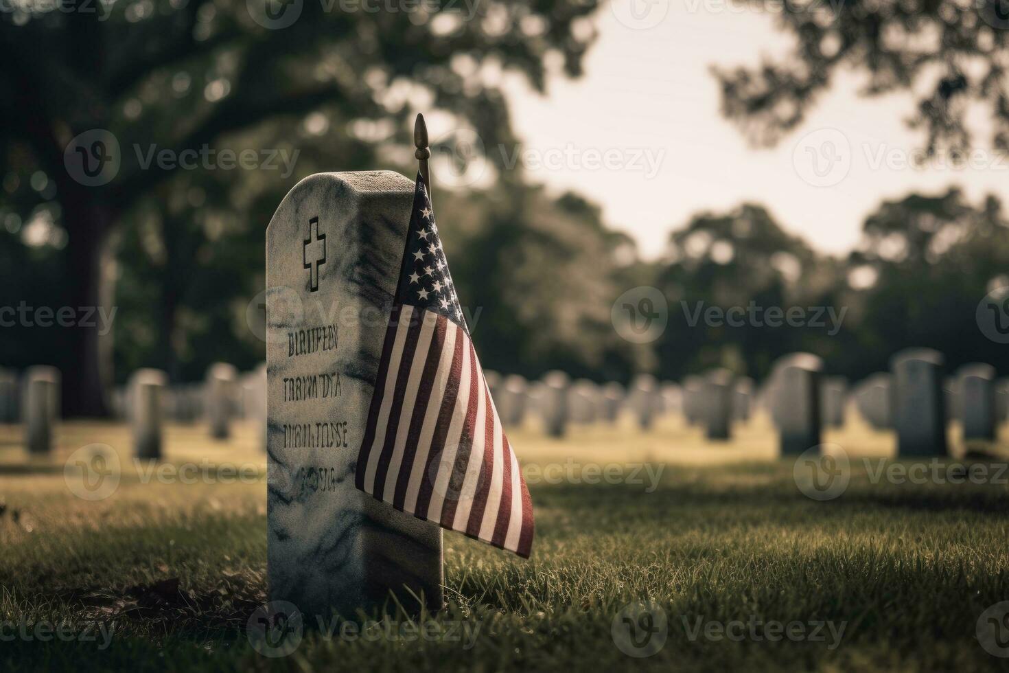 américain drapeau agitant dans de face de une militaire cimetière , soulignant le importance de honorer et se souvenir américain un service membres qui avoir fabriqué le ultime sacrifice. génératif ai. photo