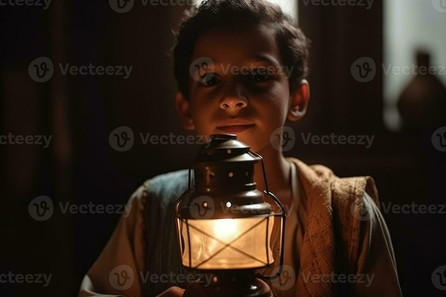 une enfant en portant une lanterne pendant Ramadan. le enfant être montré à la recherche en haut dans merveille à le lanterne, avec le concentrer sur le innocence et joie de enfance pendant Ramadan. génératif ai photo