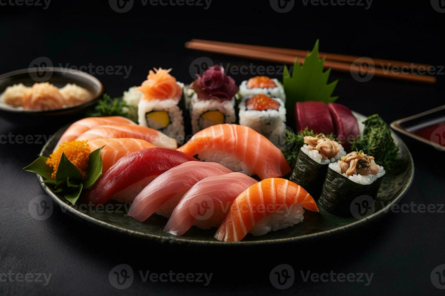 une délectable Sushi plat, avec une variété de Frais poisson, Sushi Rouleaux, et élégant garnitures, présenté sur une lisse, moderne plaque. génératif ai. photo