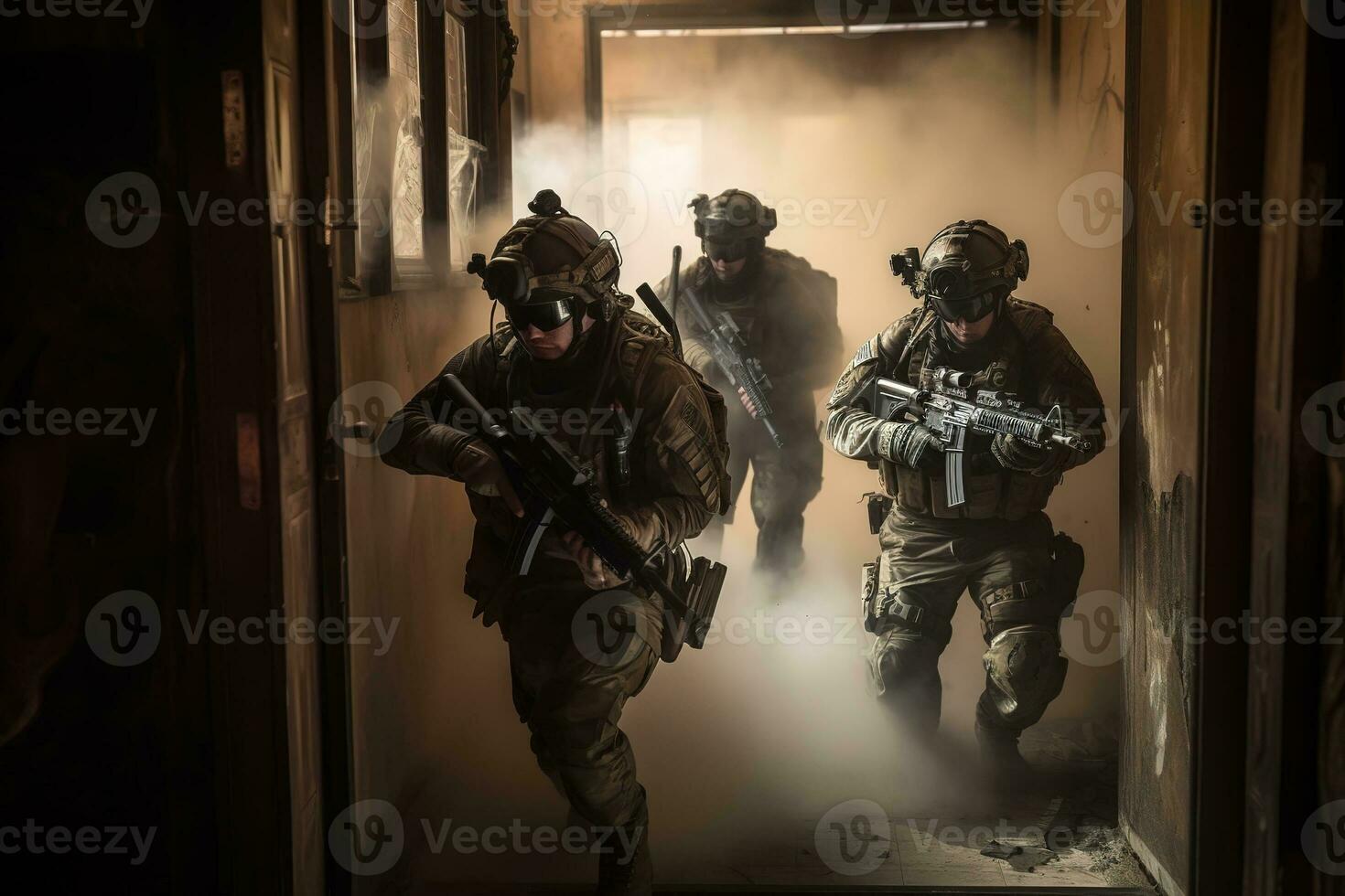 spécial les forces équipe conduite une otage porter secours opération, avec soldats briser une bâtiment et engageant avec hostile les forces. génératif ai photo