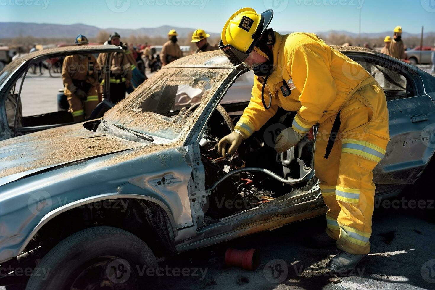 une sapeur pompier avec hydraulique pinces dégager une crash tester mannequin de une mutilé véhicule débris, hydraulique outils diffusion le métal à part. génératif ai. photo