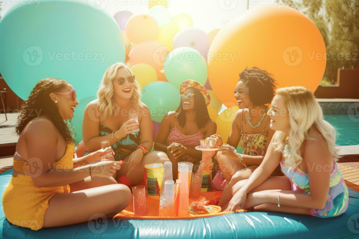 une groupe de femmes dans coordonner deux pièces maillots de bain salon ensemble sur une bassin pont, entouré par coloré décorations et fête faveurs. le vibe est de fête et amusement. génératif ai photo