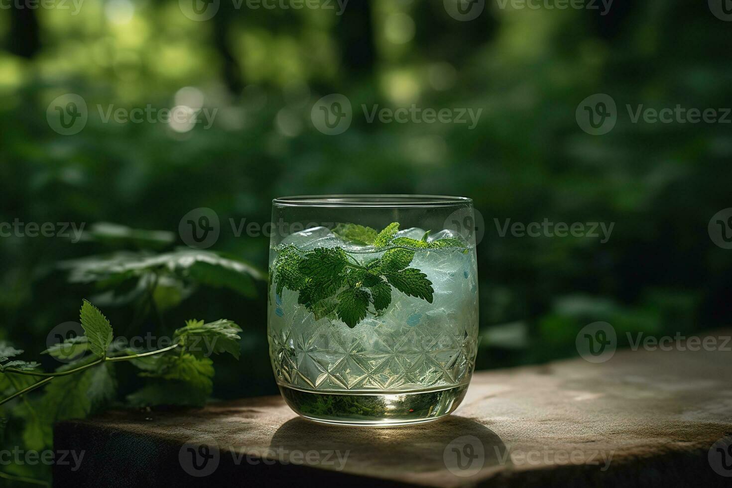 une rafraîchissant cocktail, mettant en valeur une botanique à base de gin boire, garni avec Frais herbes, tel comme basilic ou thym, et servi dans une élégant, moderne verre. génératif ai photo