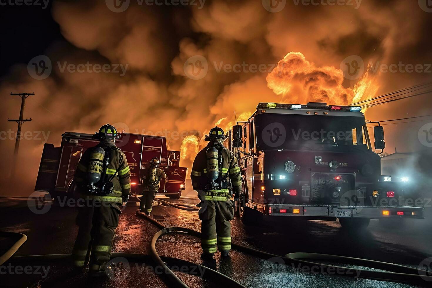 une équipe de volumineux sapeurs pompiers dans lourd recouvert s'avérer équipement agrippant haute pression tuyaux monté sur leur Feu camion, se précipiter vers une rage 4-alarme entrepôt Feu. génératif ai photo