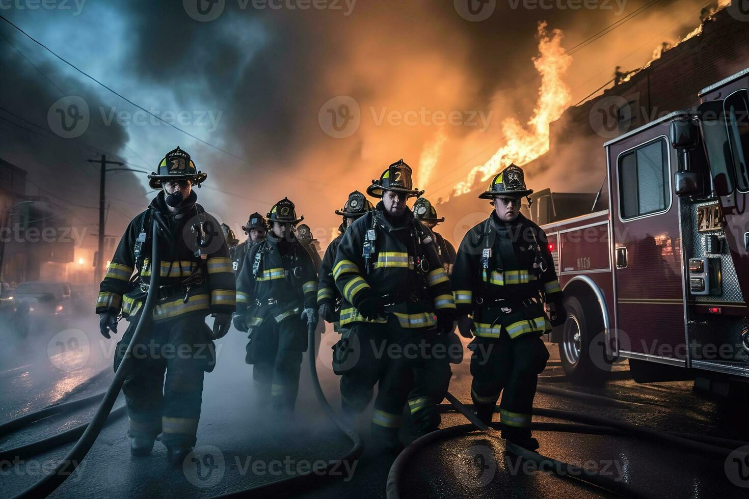 une équipe de volumineux sapeurs pompiers dans lourd recouvert s'avérer équipement agrippant haute pression tuyaux monté sur leur Feu camion, se précipiter vers une rage 4-alarme entrepôt Feu. génératif ai photo