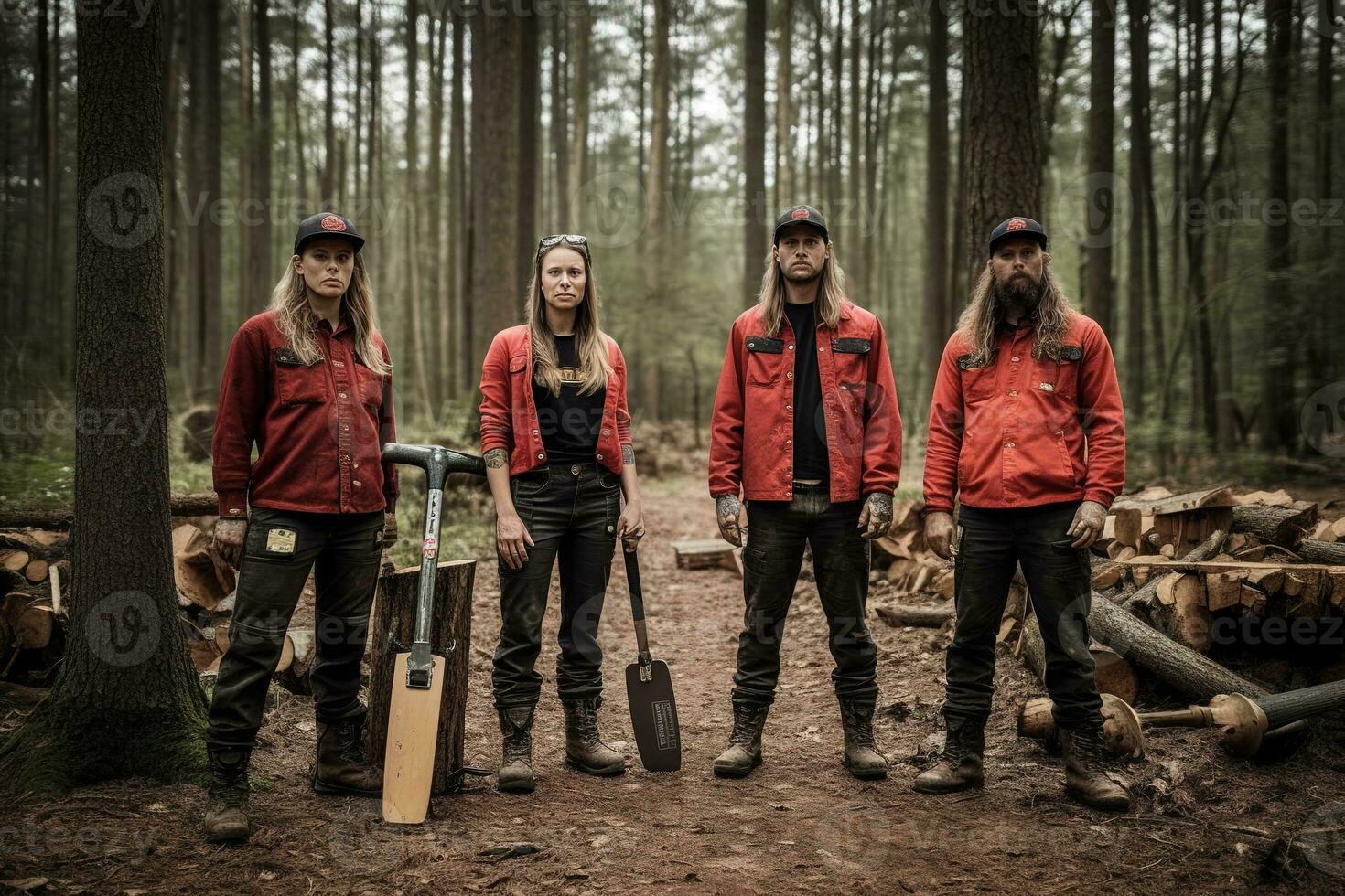 La publicité portrait coup de une bûcheron équipe permanent ensemble dans une forêt et elles ou ils Regardez à le caméra. génératif ai photo