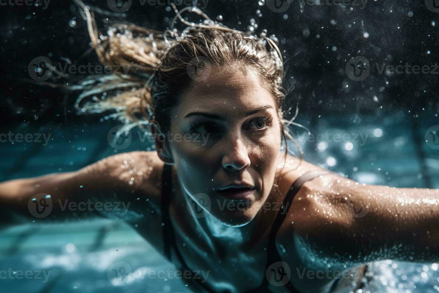 un athlétique femme dans sa de bonne heure trentaine est capturé à propos à entrer le pétillant bleu l'eau de une nager bassin. elle est portant une sportif deux pièces maillot de bain. génératif ai photo