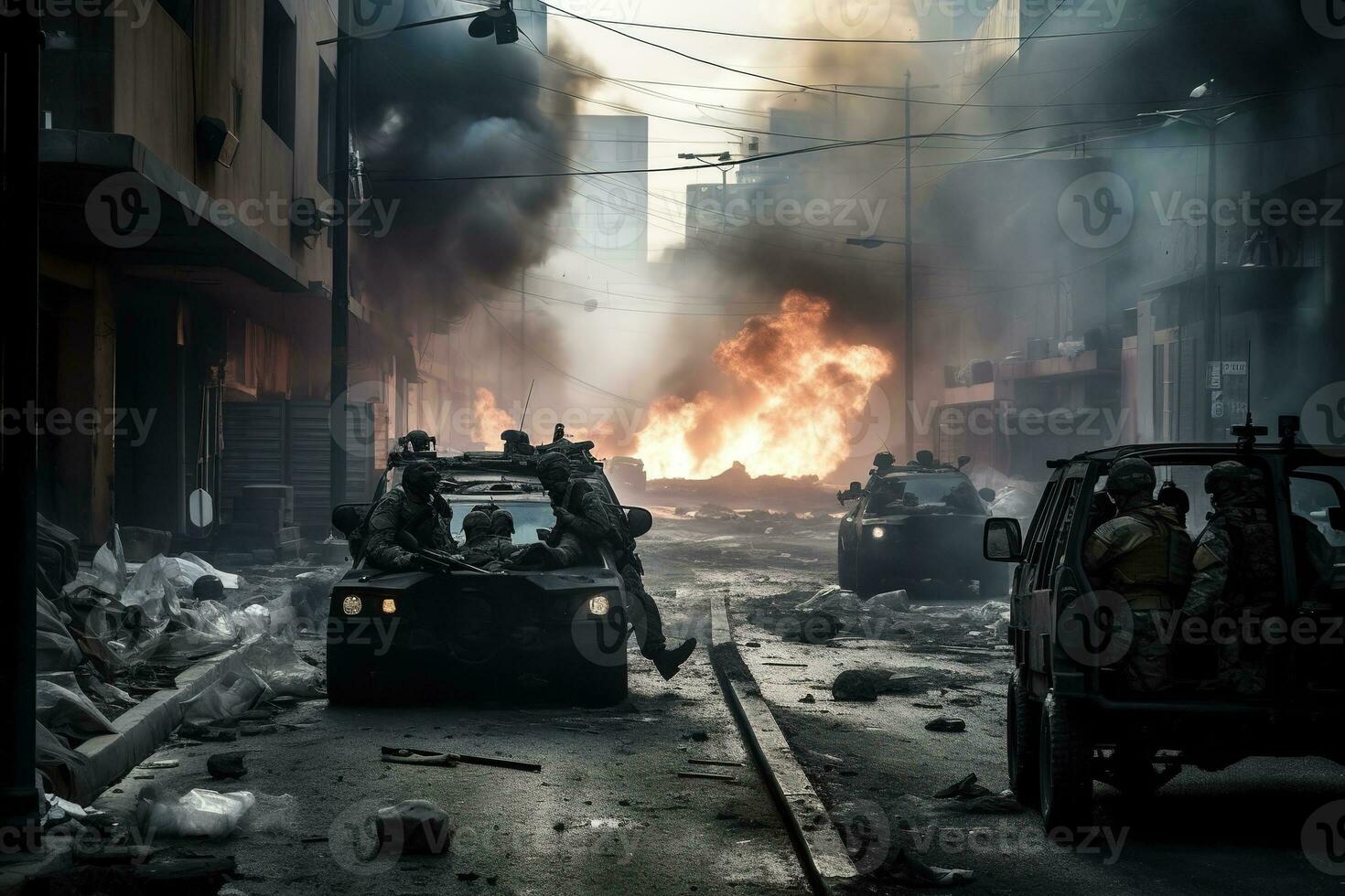 un intense image de une spécial les forces équipe dans un Urbain guerre scénario, avec soldats prise couverture derrière Véhicules et bâtiments avec fumée et débris remplissage le air. génératif ai photo