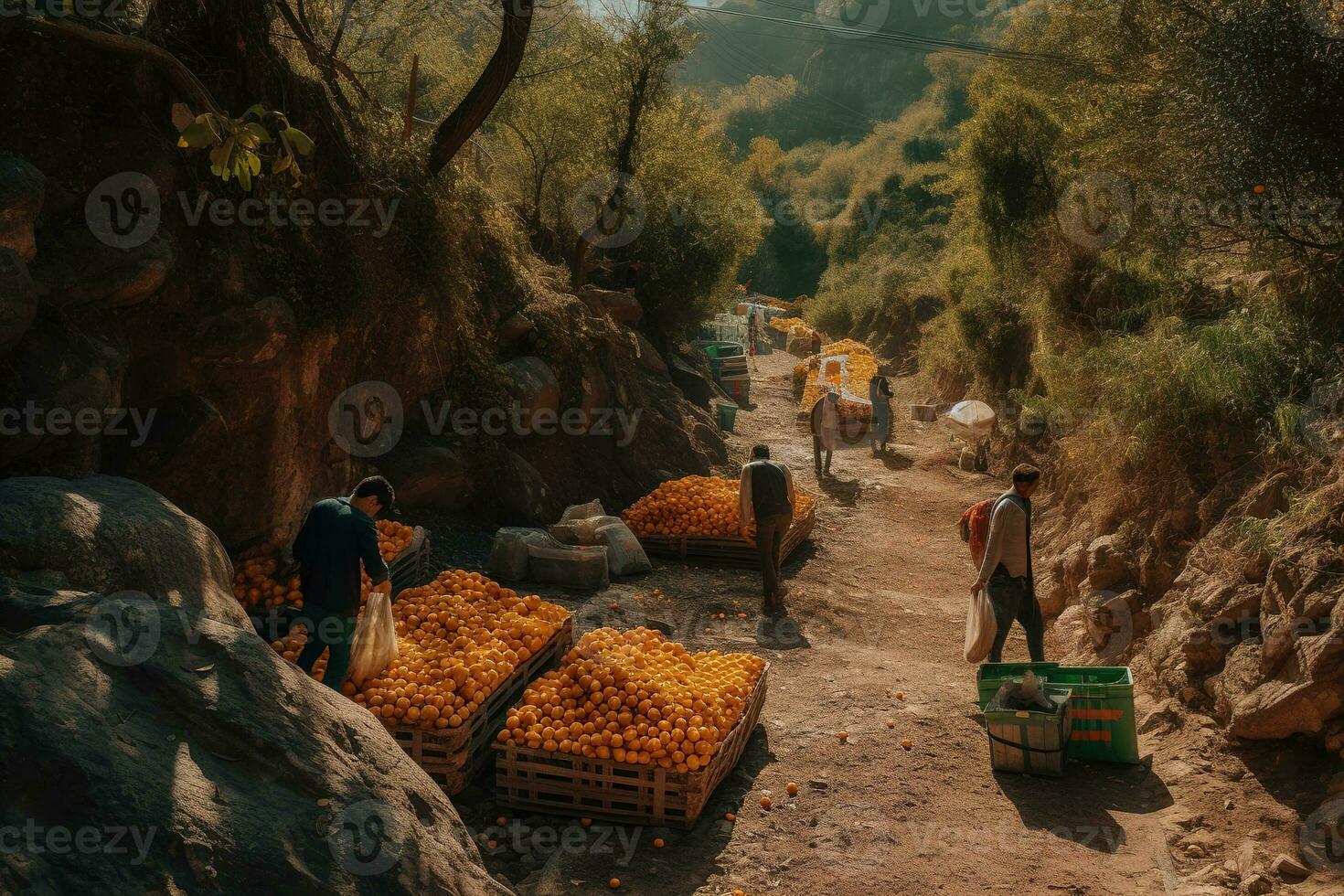 Orange et citron cueillette le long de une flanc de montagne route, ouvriers remplissage caisses avec fruit déchue sur bâches en dessous de des arbres lourd. le verdoyant bosquets sont ponctué avec rocheux falaises. génératif ai photo