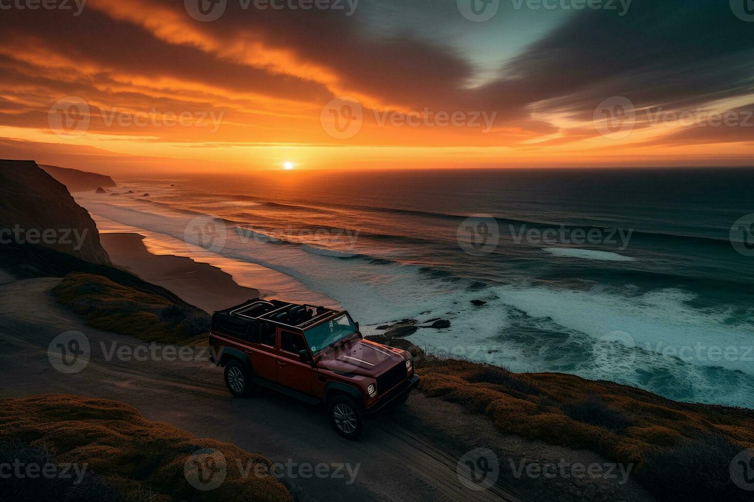 le convertible enroulement le long de côtier falaises avec s'écraser océan vagues dans le premier plan et une vibrant le coucher du soleil ciel derrière eux. génératif ai photo