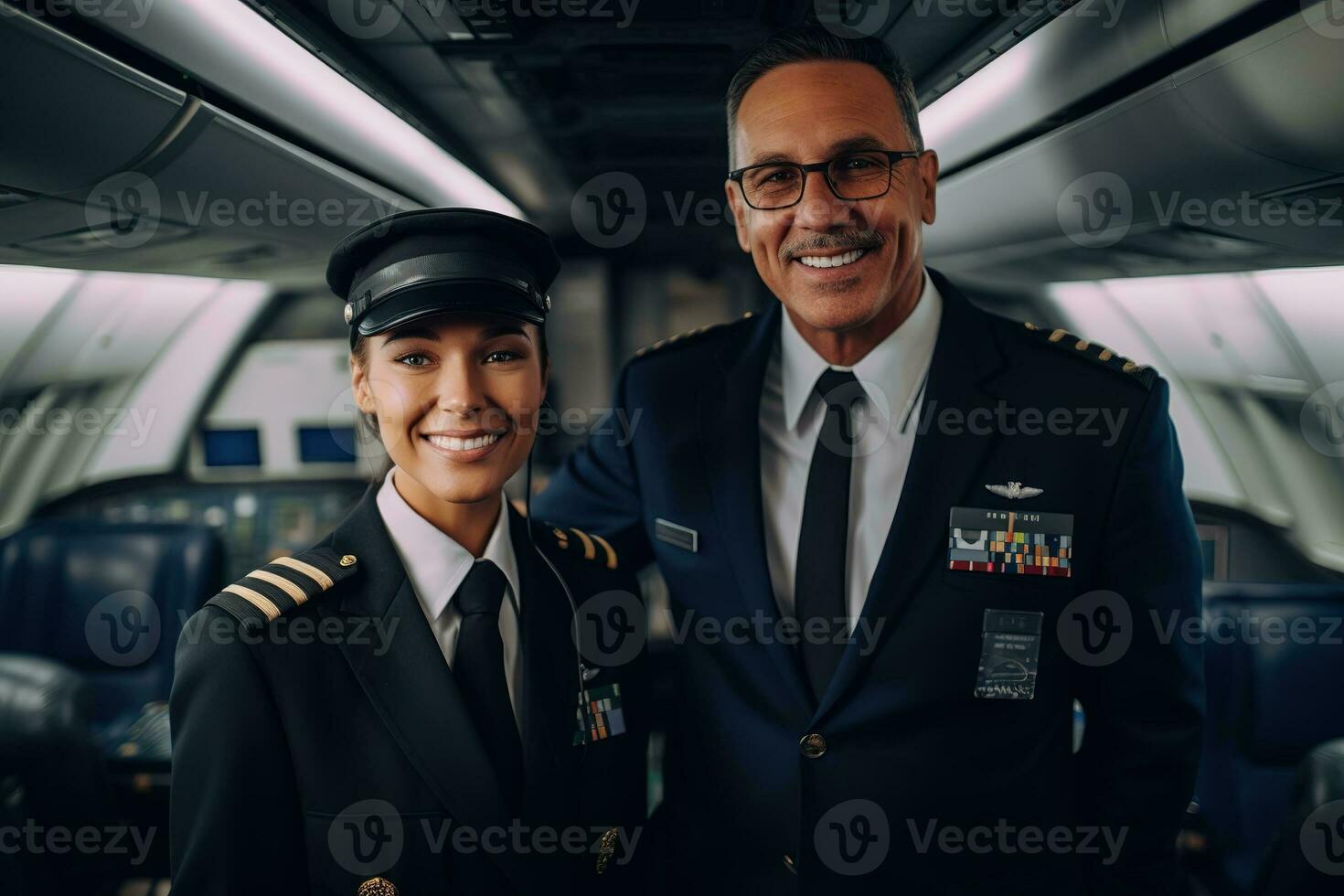 La publicité portrait coup de une hôtesse et pilote équipe permanent ensemble dans le avion et elles ou ils Regardez à le caméra. génératif ai. photo