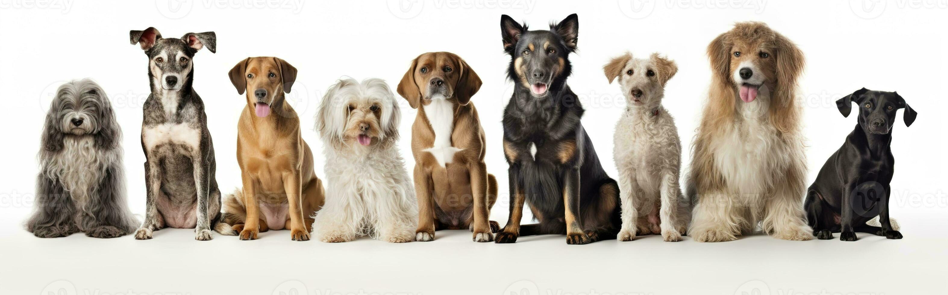 groupe de mixte race chiens séance dans une rangée sur blanc Contexte. national animal bannière concept. génératif ai photo