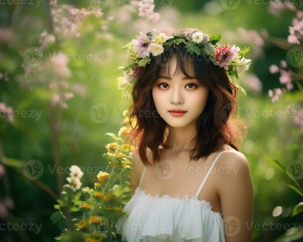 magnifique asiatique fille dans fleur jardin ai génératif photo