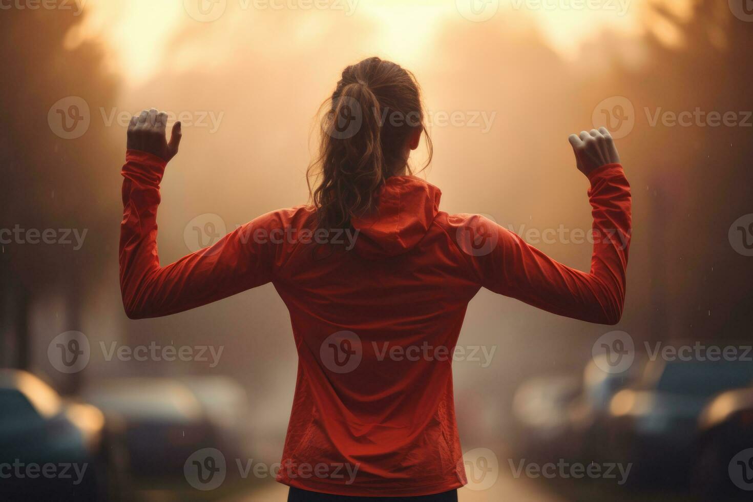 une Jeune femme est Faire des sports sur le rue. ai généré photo