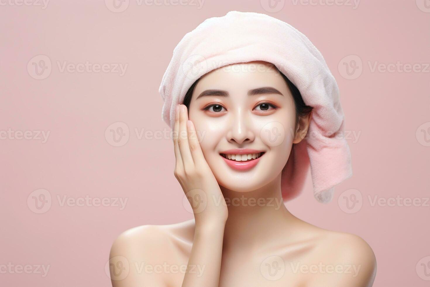 magnifique asiatique femmes la lessive visage avec copie espace sur solide pastel fond.beauté, peau se soucier et spa concept, asiatique femme portrait.créé avec génératif ai technologie. photo
