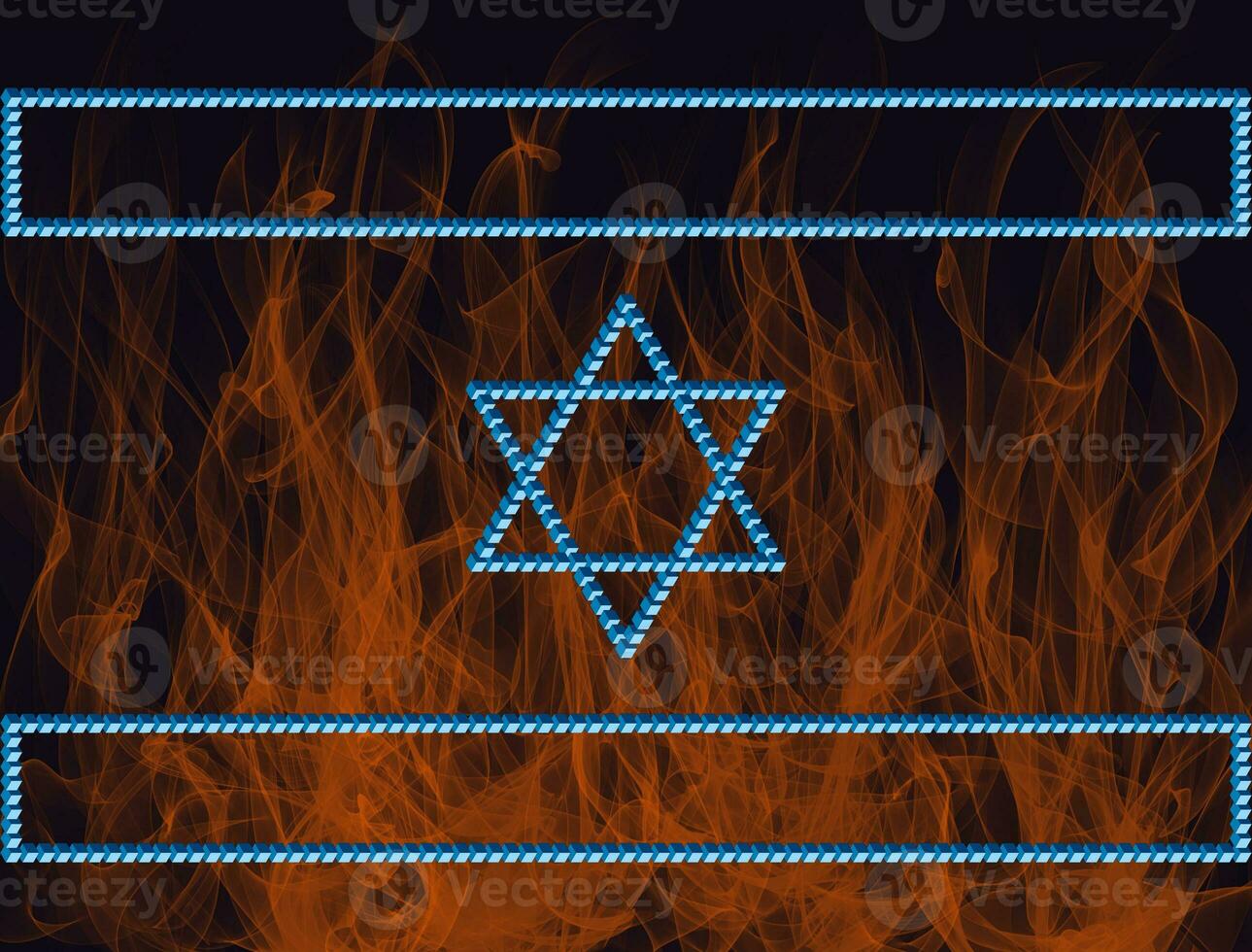 israélien drapeau sur une Contexte de Feu. le symboles de Israël sont basé sur le Penrose Triangle. monolithique base de israélien symboles basé sur inhabituel Les figures avec violations de le lois de géométrie. photo