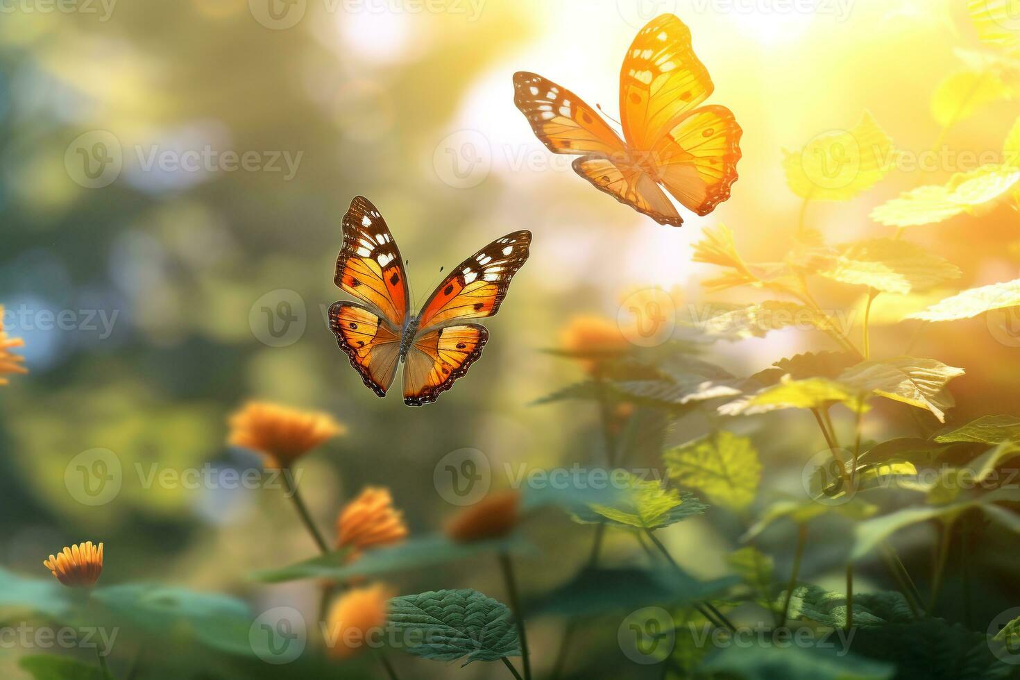 macro la photographie, papillons dans le fleurs avec Matin lumière avec copie espace.créé avec génératif ai technologie. photo