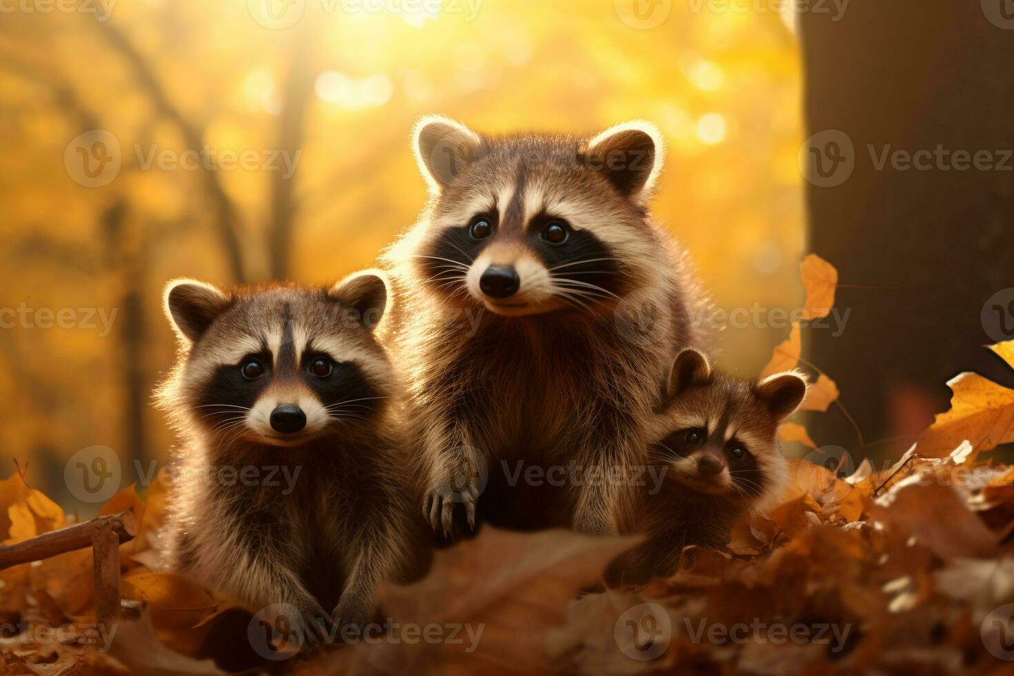 mignonne raton laveur dans le l'automne forêt avec l'automne feuilles.créées avec génératif ai technologie. photo