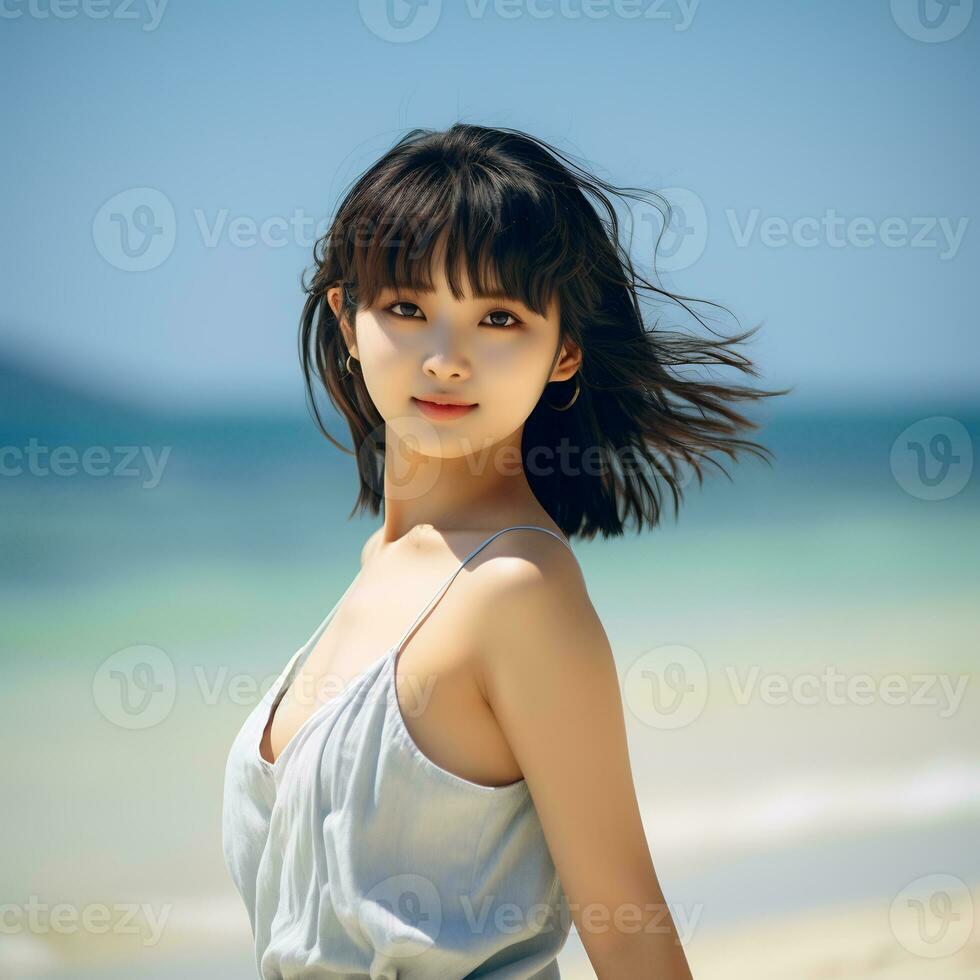 magnifique asiatique fille profiter été dans le plage ai génératif photo