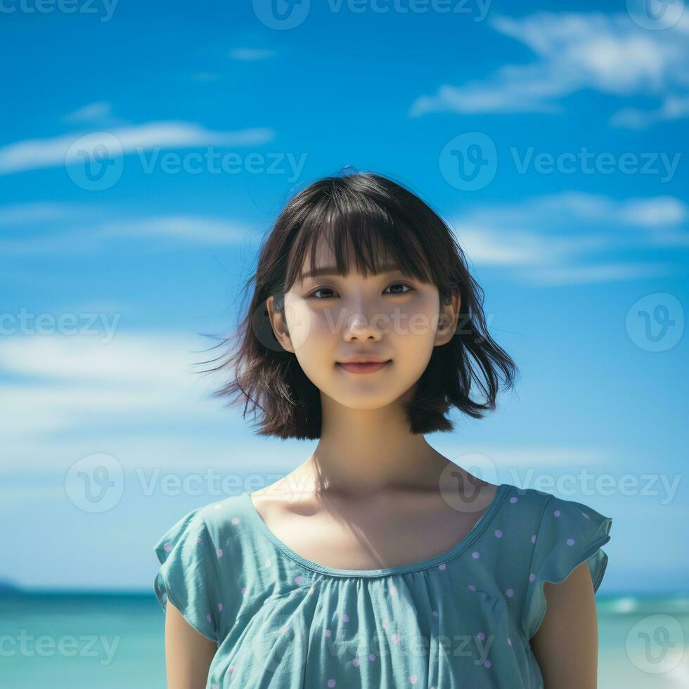 magnifique asiatique fille profiter été dans le plage ai génératif photo