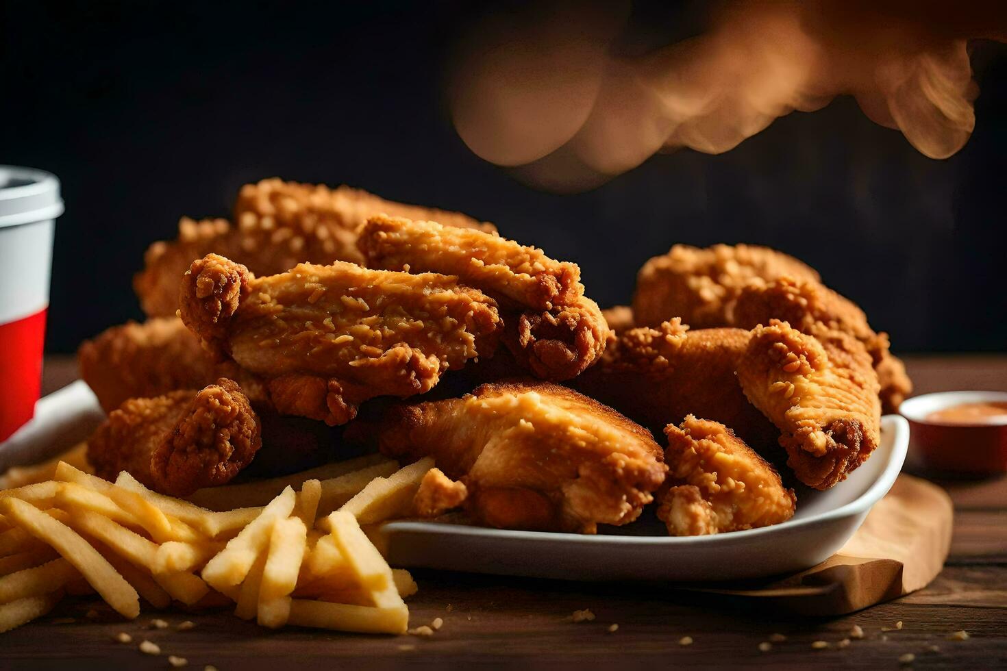 une assiette de frit poulet et français frites. généré par ai photo