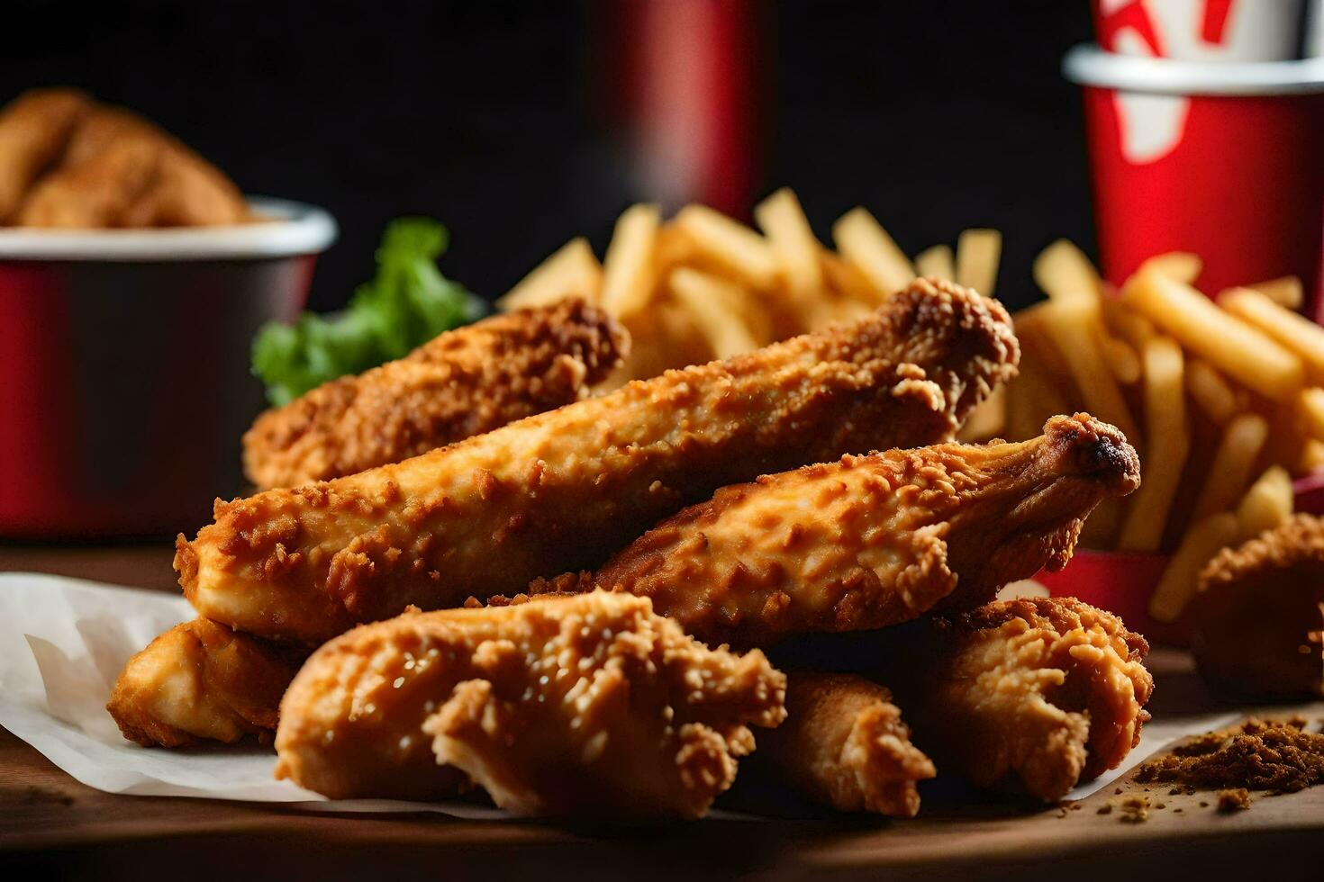 poulet pépites et frites sont sur une tableau. généré par ai photo