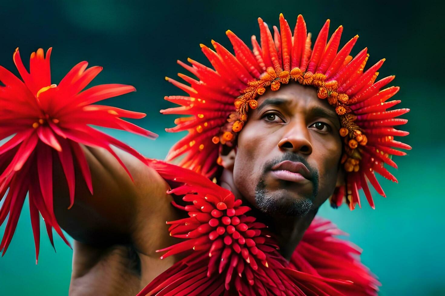 une homme dans une rouge fleur coiffure avec rouge fleurs. généré par ai photo