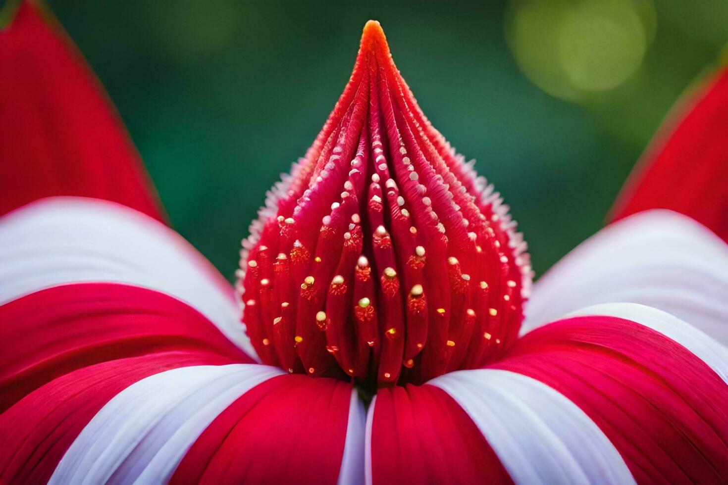 une proche en haut de une rouge et blanc fleur. généré par ai photo