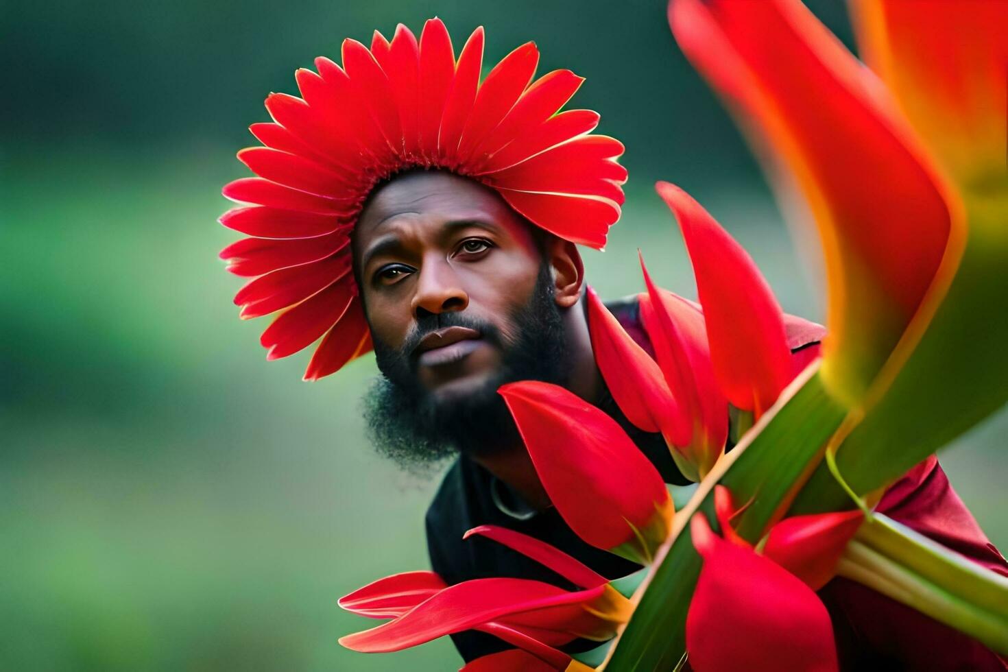 une homme avec une fleur dans le sien cheveux. généré par ai photo