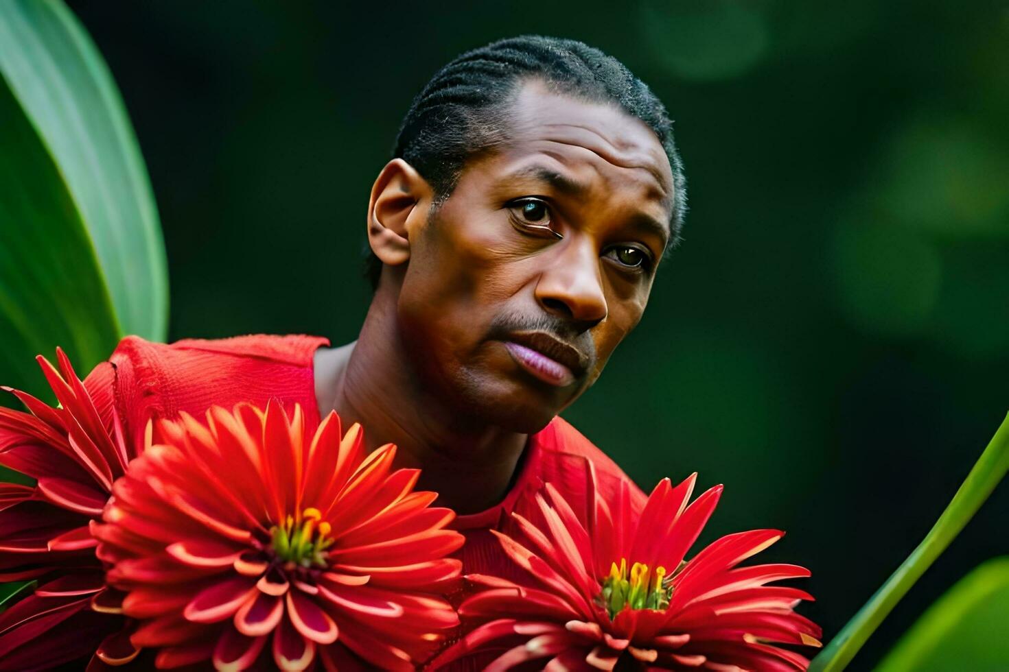 une homme dans une rouge chemise est en portant certains rouge fleurs. généré par ai photo