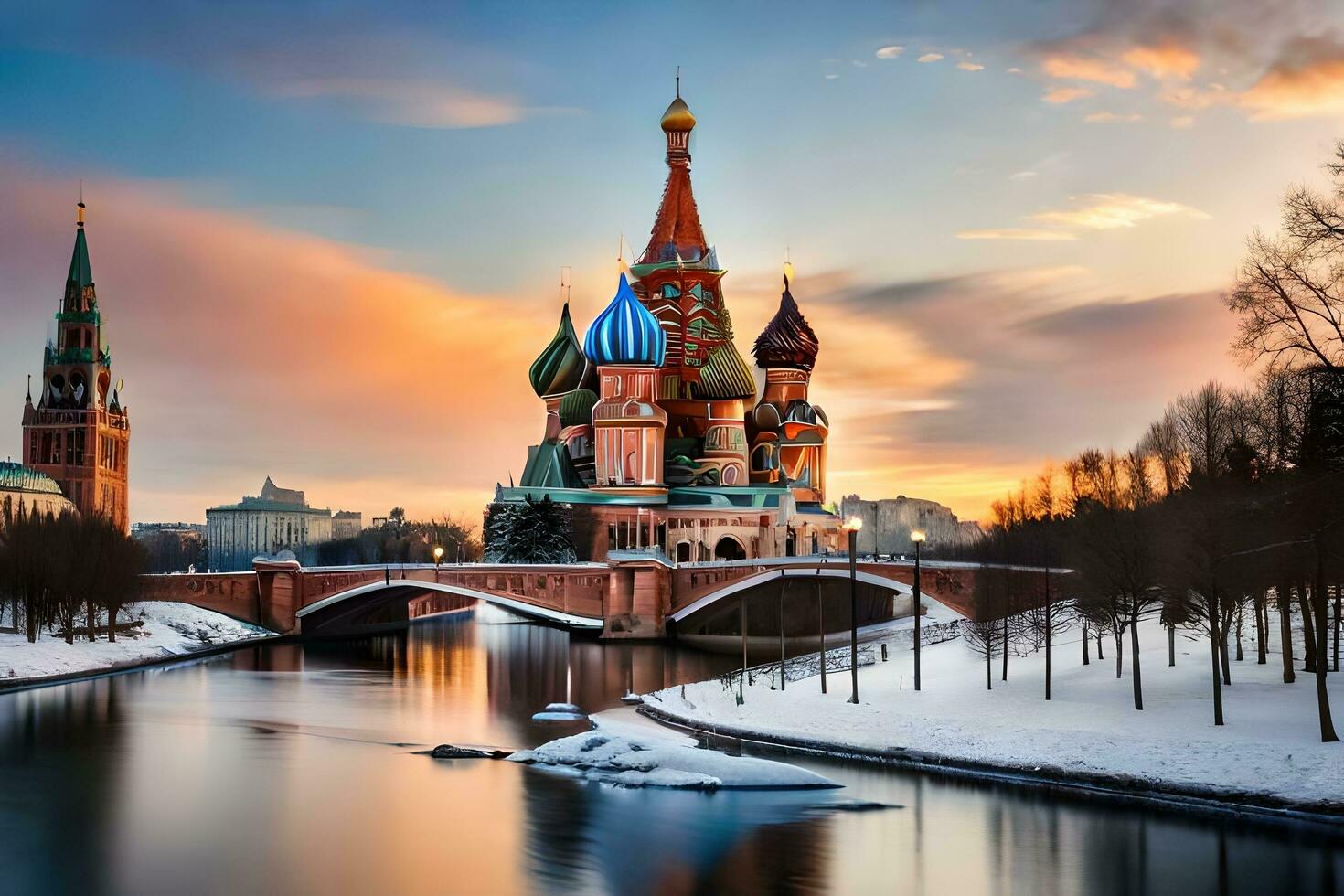 le kremlin et le Moscou rivière à le coucher du soleil. généré par ai photo