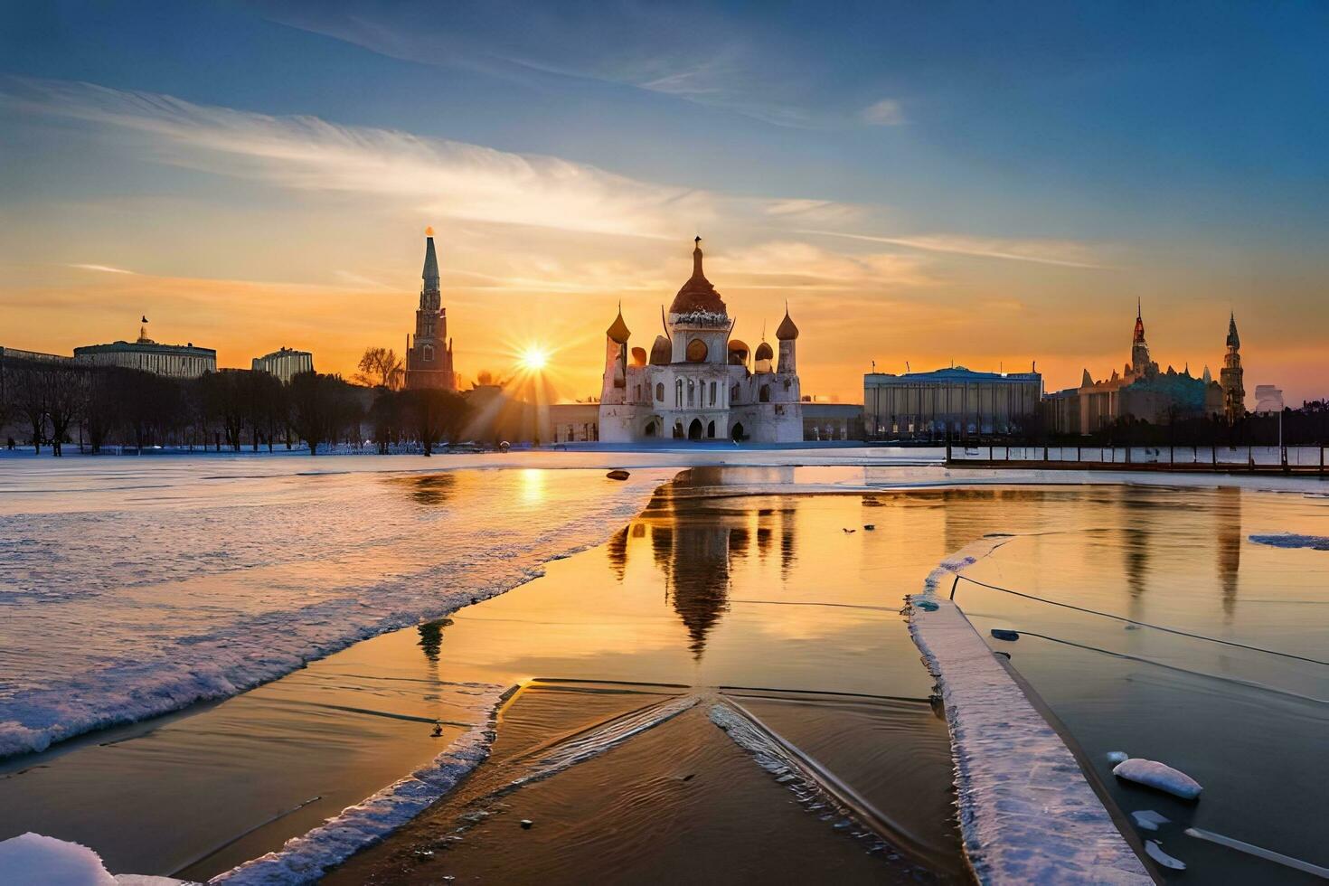 Moscou, Russie, hiver, coucher de soleil, kremlin, kremlin cathédrale, kremlin. généré par ai photo