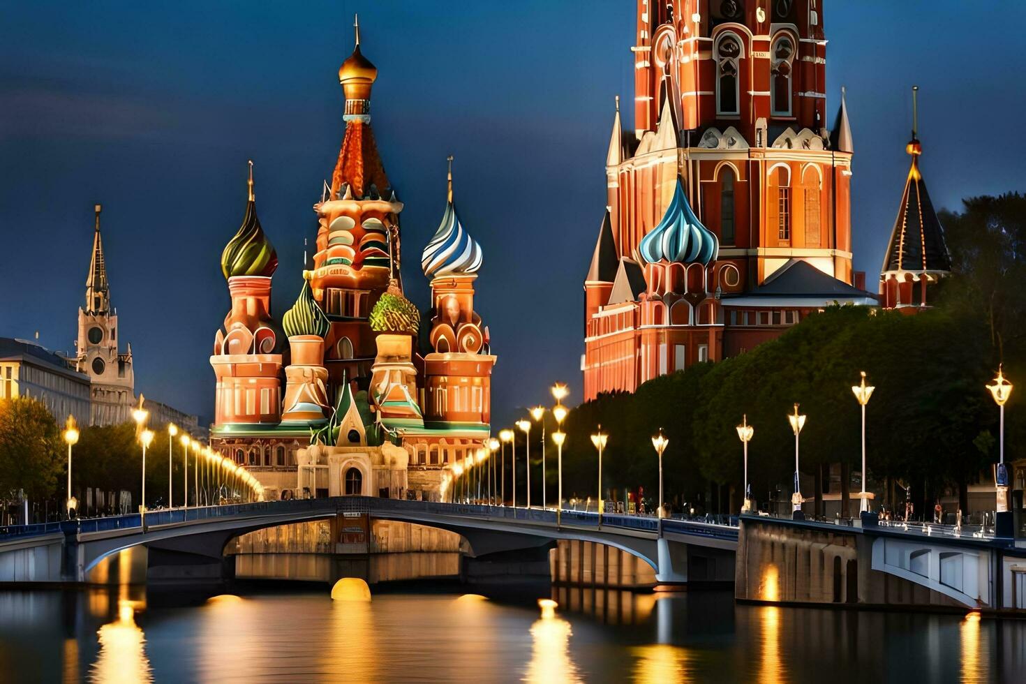 Moscou, Russie, kremlin et st basilic cathédrale à nuit. généré par ai photo