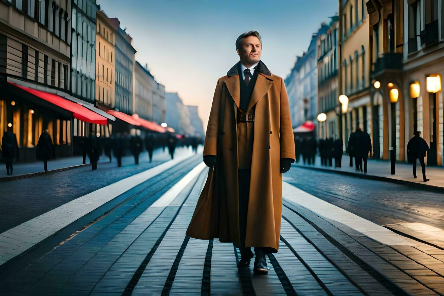 homme dans tranchée manteau en marchant sur une ville rue. généré par ai photo