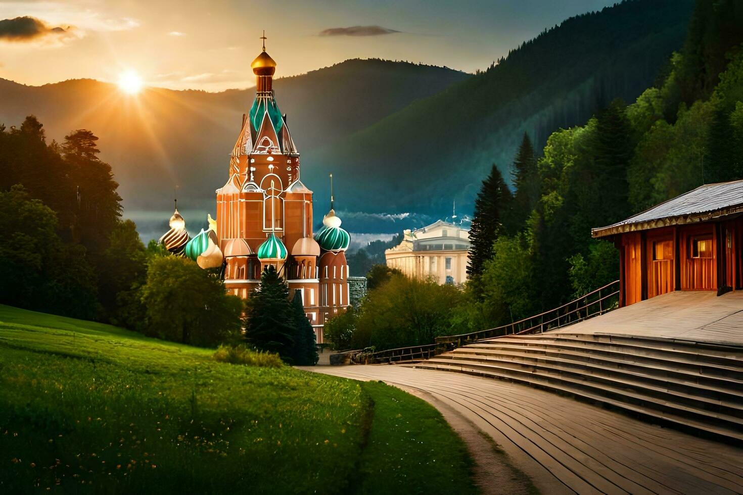 le Soleil est réglage plus de une église dans le montagnes. généré par ai photo