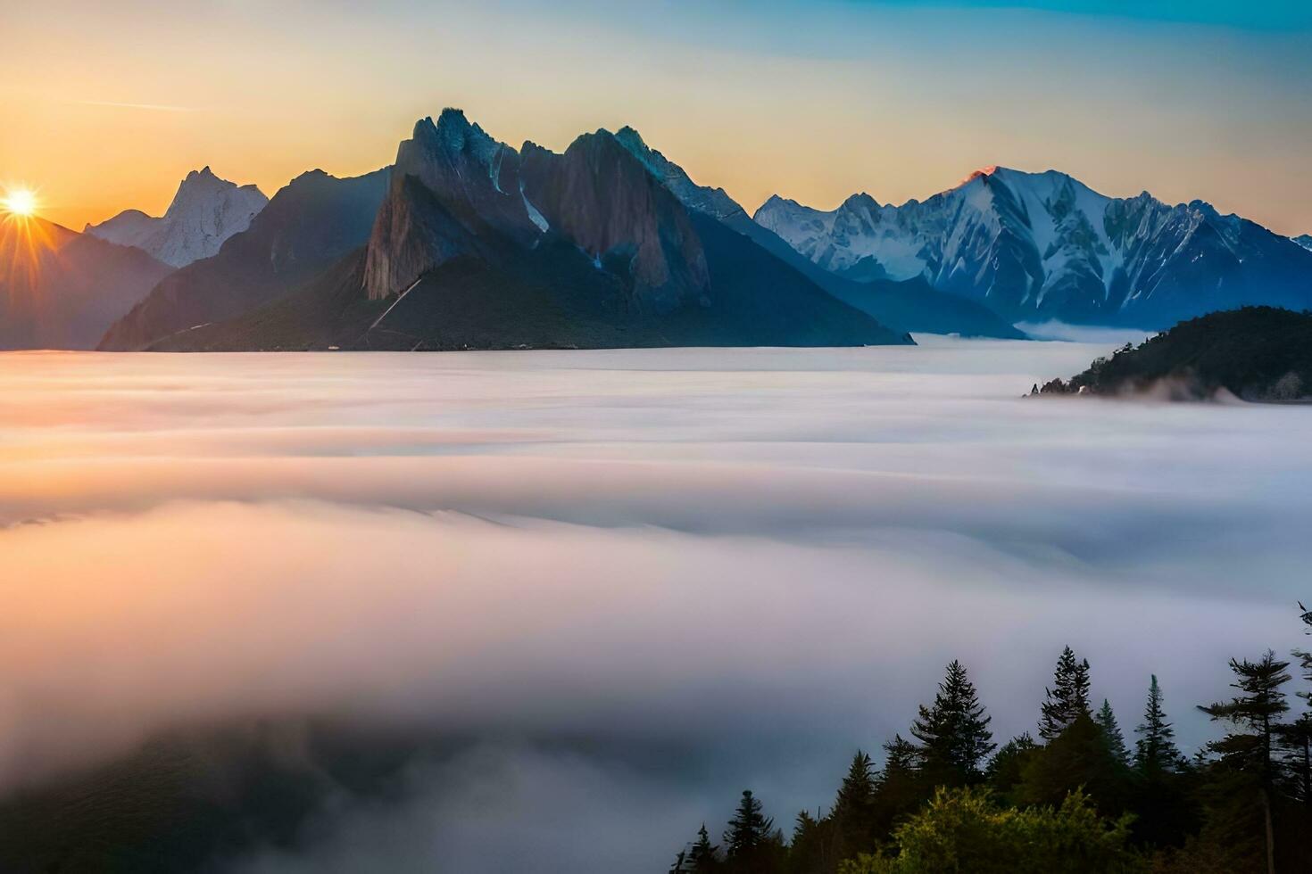 le Soleil monte plus de le montagnes et brouillard dans le vallée. généré par ai photo