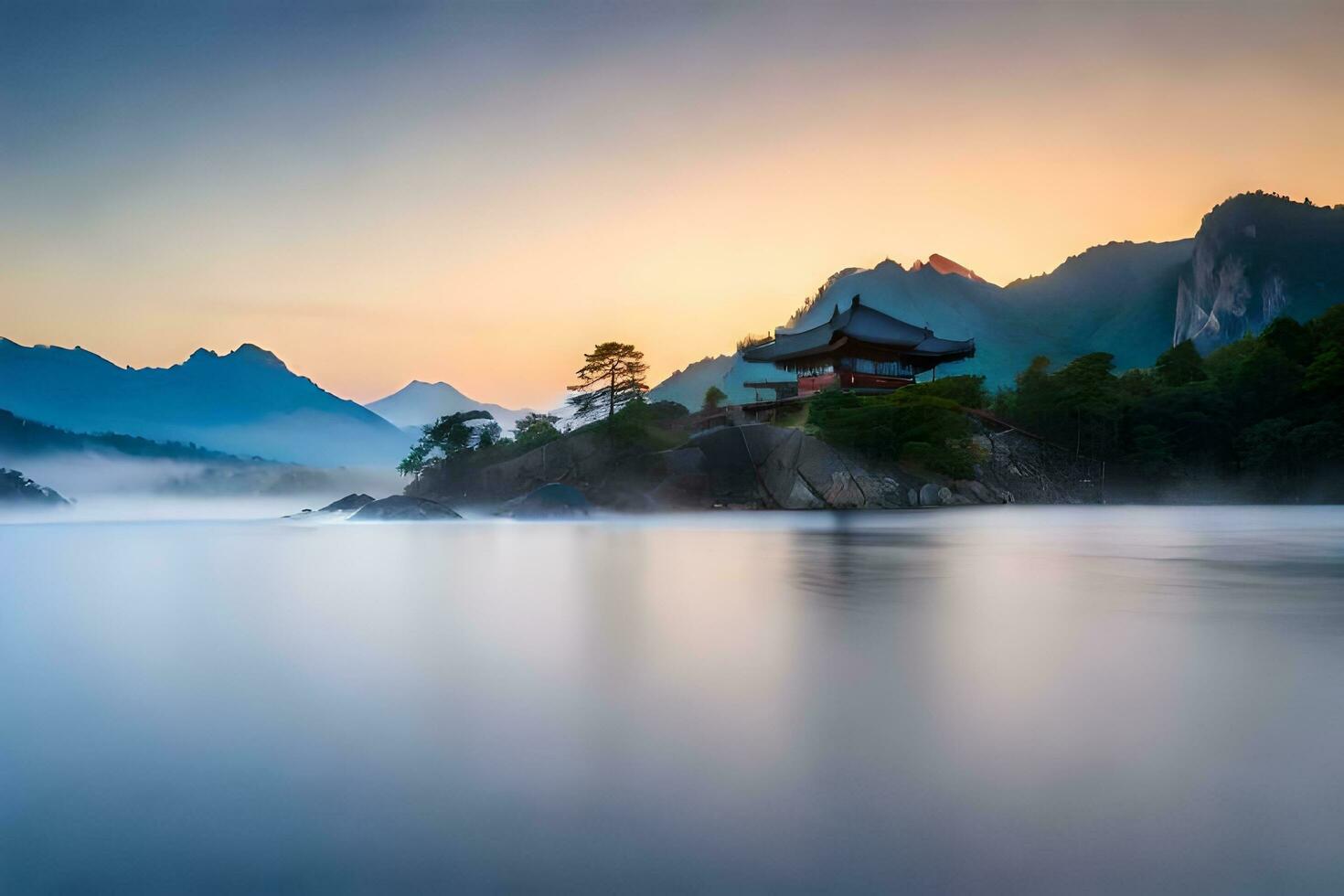 une pagode est assis sur le rive de une Lac à lever du soleil. généré par ai photo