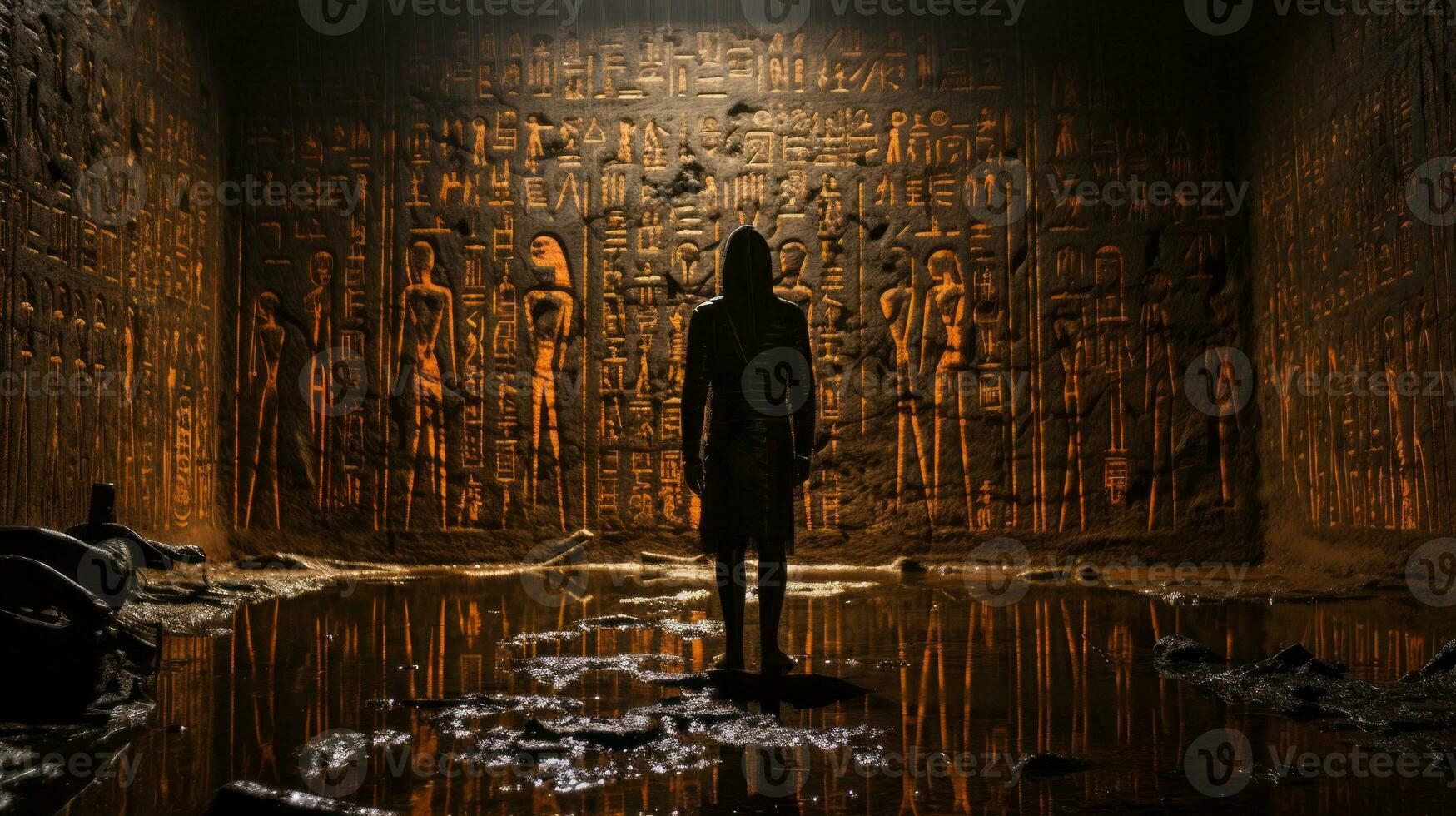 une réfléchissant figure des stands avant une vibrant mur orné avec mystérieux hiéroglyphes, attrayant les spectateurs à explorer le artistique profondeurs de un ancien culture, ai génératif photo